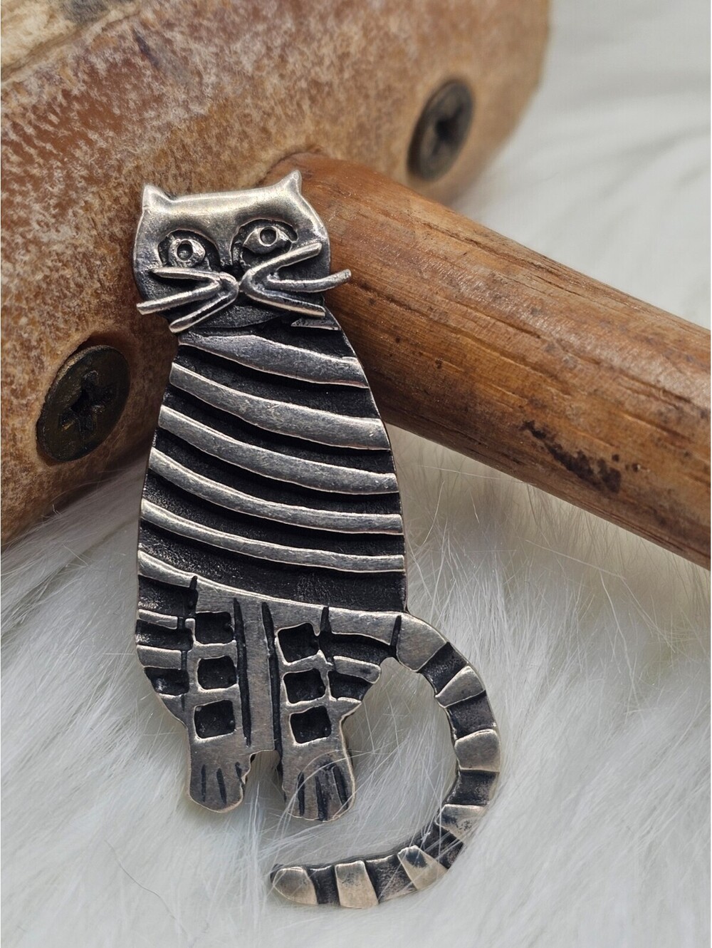 925 Silver Modernist Abstract Striped Cat Pin Brooch 12.8g